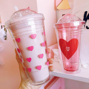 Doppelschicht Kunststoff Stroh Tasse Tragbare Milch Kaffeetasse Mädchen Sommer Getränke Wasserflasche Kaltes Getränk Saft Tasse Küche Trinkgeschirr