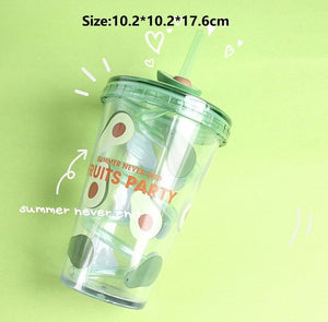 Double Layer Plastic Straw Cup Portable Milk Coffee Mug Girl Summer Beverage Water Bottle Cold Drink Juice Cup Kitchen Drinkware