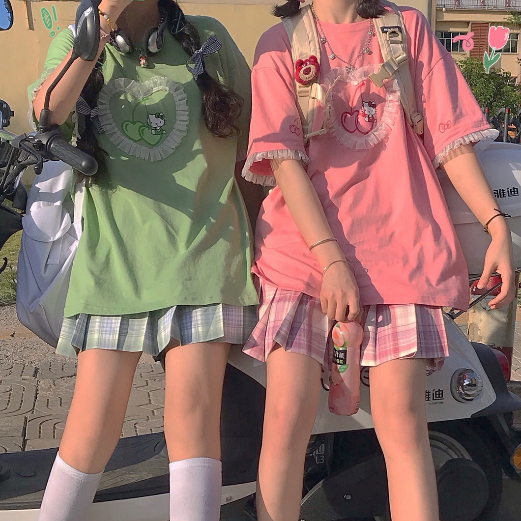 Sommer Street Cherry Print Spitze T-Shirt Harajuku Japan Stil Süße süße Mädchen
